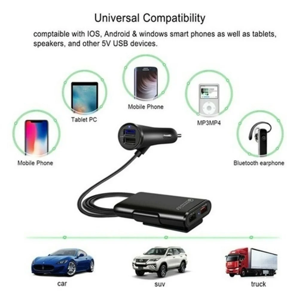 2026 Universal 4 Ports USB Car Charger Front Seat Back Seat QC3.0 Quick Charging USB Adapter For Car Charger USB Fast Charger
