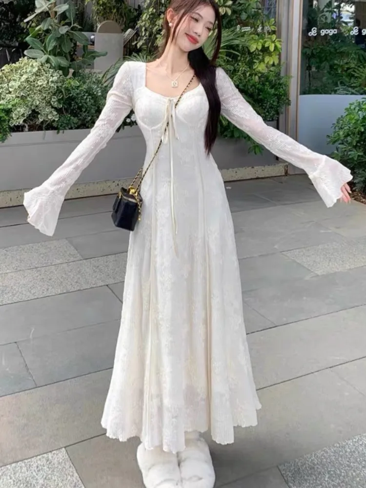 

Spring New Long Dresses for Women Lace Up A-line Party Dress Long Sleeve Autumn Solid Elegant Casual Prom Robe Vestidos Mujer