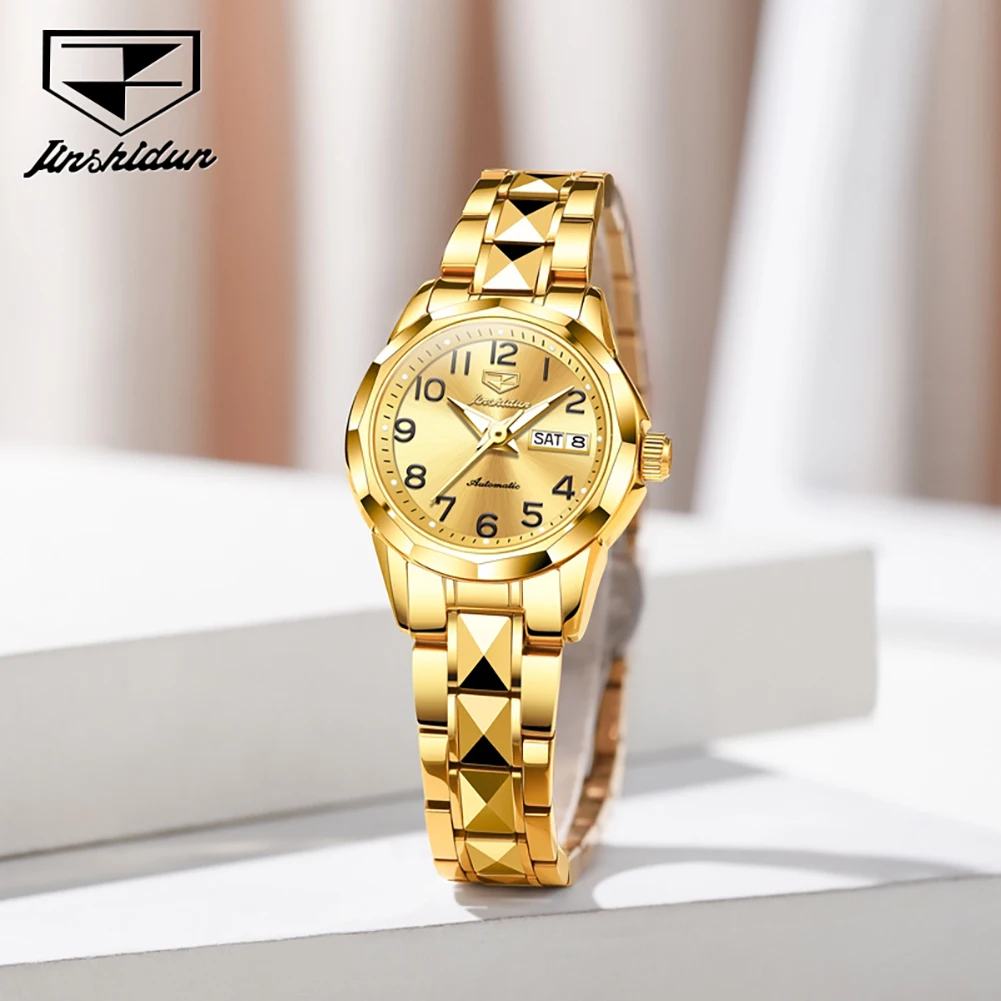

Женские часы JSDUN 8990 Luxury, модные автоматические механические часы из вольфрамовой стали, водонепроницаемые, с двойным календарем.