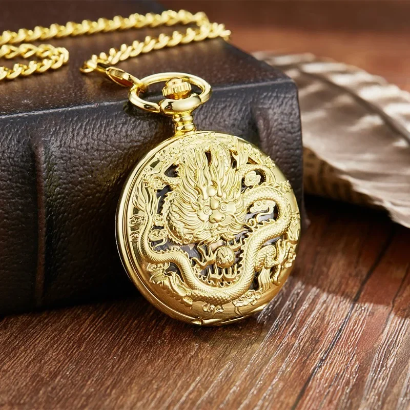 Retro personality hand-operated mechanical pocket watch with half hollow dragon pattern