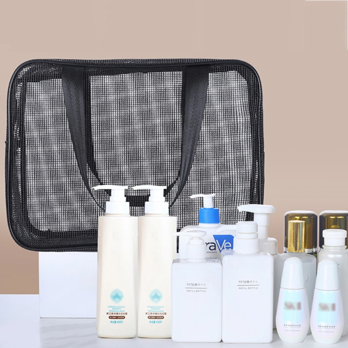 Mesh-Dusch-Caddy-Einkaufstasche, Kosmetik-Aufbewahrungstasche, multifunktionale Duschtasche, großes Fassungsvermögen, tragbarer Kulturbeutel-Organizer – Detail 7