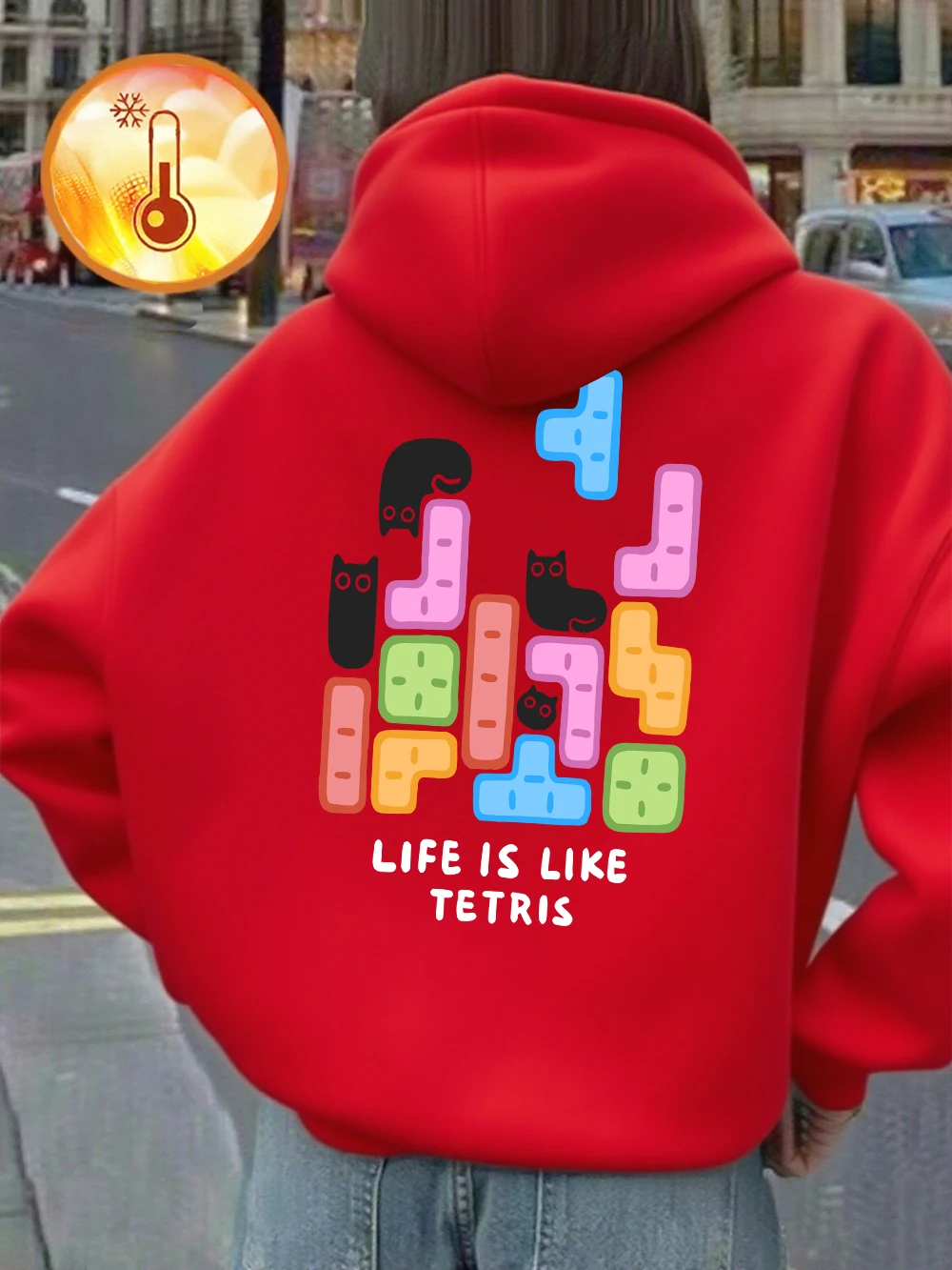 Bluzy z nadrukiem Life Is Like Tetris, damskie, zimowe, ocieplane polarem, ciepłe, wygodne, codzienne, wkładane przez głowę, podstawowe, z kieszenią, odzież damska.