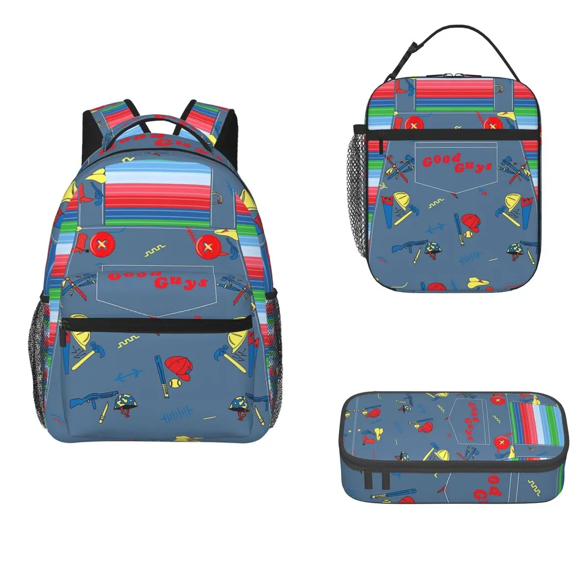 

Good Guys Chucky - Killer Doll Overalls Backpacks Bookbag Children School Bag Cartoon Rucksack Lunch Bag Pen Bag Three-Piece Set