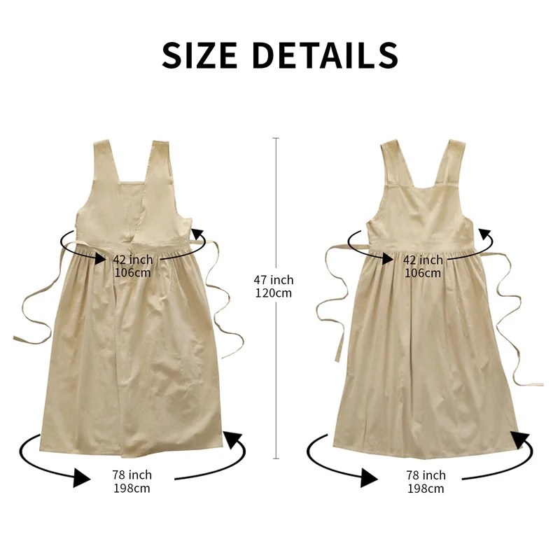 Double-sided Long Pleated Apron With Pocket Cotton Linen Women V-neck Flat-neck Split Dress Kitchen Smock For Cooking Gardening