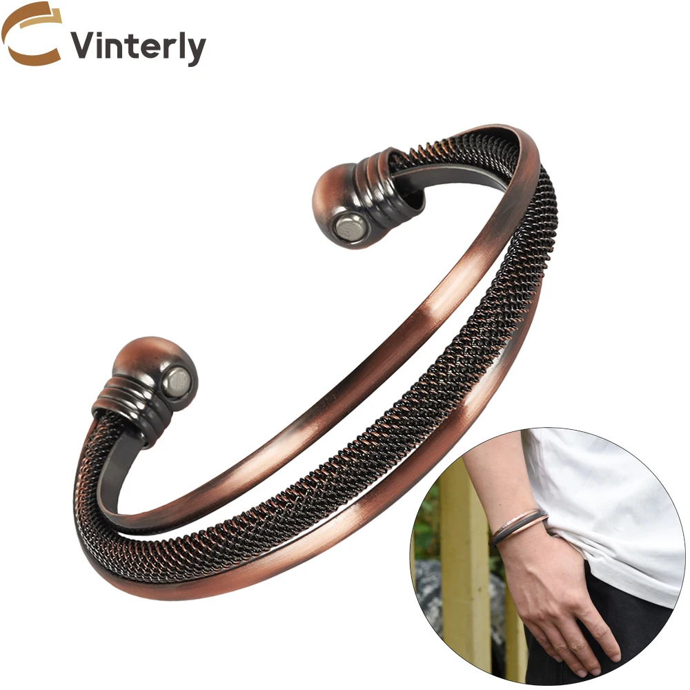 Vinterly Armbänder aus reinem Kupfer, magnetisch, verstellbar, offener Armreif, Vintage-Blumen, hoher Magnet, Armreifen, Gesundheits- und Energieschmuck, größenverstellbar