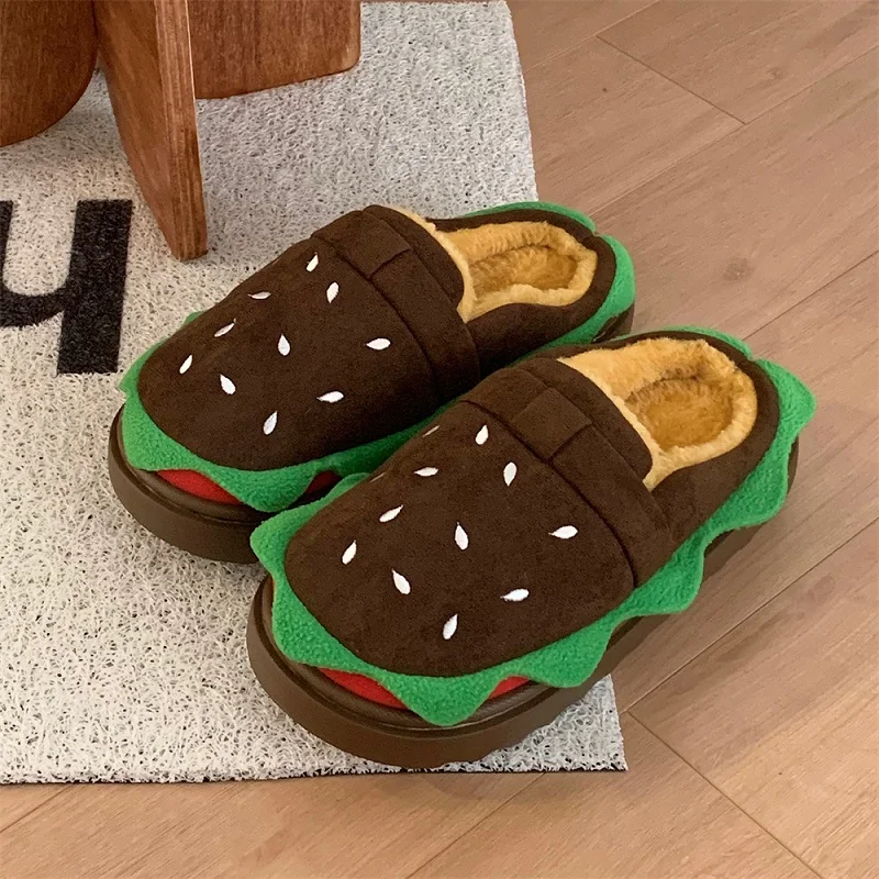 New novelty burger flippers fleece slides shoes for women winter warm fuzzy funny slippers adults hamburger shoes home slipper