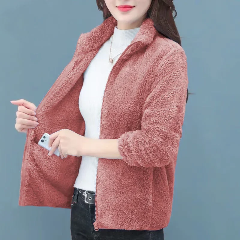 Thickened Fleece Women's Jacket Zipper Front Warm Stand Collar Double Sided Fluffy Hoodie Sweatshirt Fashionable Winter Outerwea