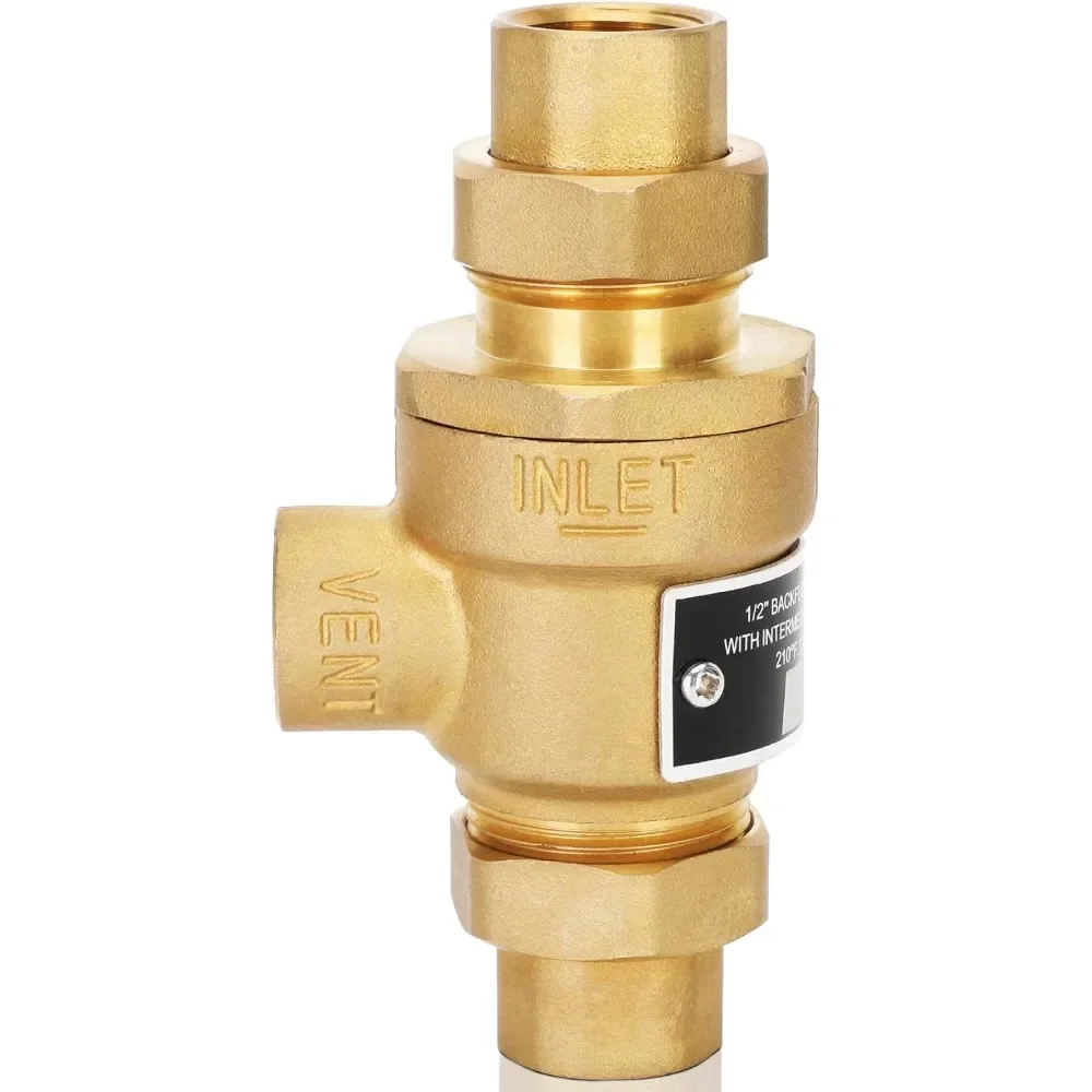 

Half Inch Brass Dual Check Backflow Preventer with Atmospheric Vent and Female Union Connections