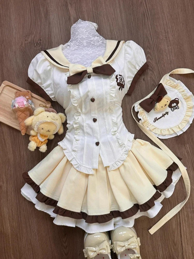 Sweet Japanese College Style Lolita 2 Piece Set Women Patchwork Apron Shirt+fluffy Mini Skirt New Slim Harajuku Cute Suit Autumn