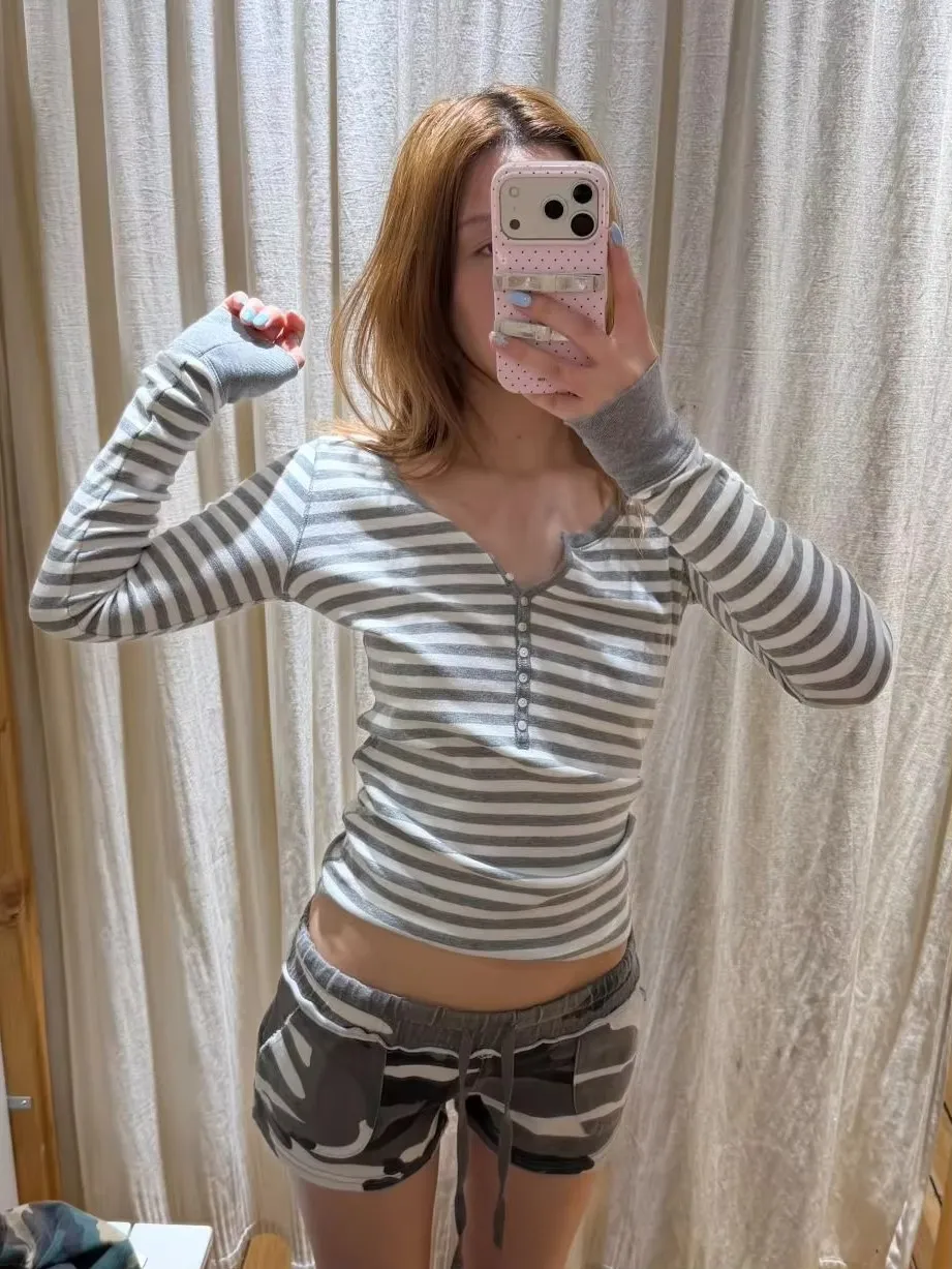 Gray Striped Crop Tops Women Autumn Streetwear Casual Slim Cotton Buttons Long Sleeve Tees Sweet Chic Preppy Style T-shirts Y2K