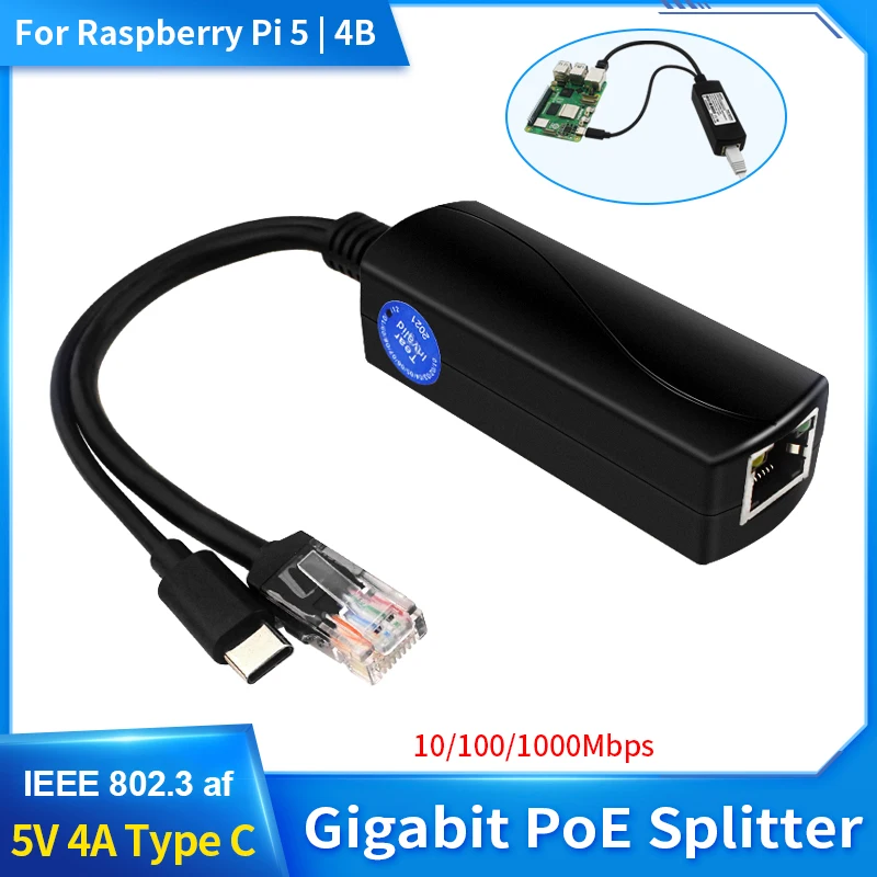 Raspberry Pi 5 Gigabit PoE Splitter 5V 3A 10/100/1000Mbps USB Type C to PoE Splitter Connector for Raspberry Pi 5