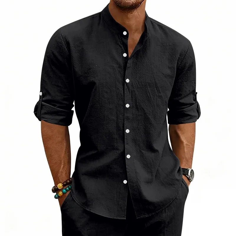 Plus Size Mens Stand Collar Linen Shirt Roll Up Sleeve Solid Color Breathable Casual Slim Fit Top
