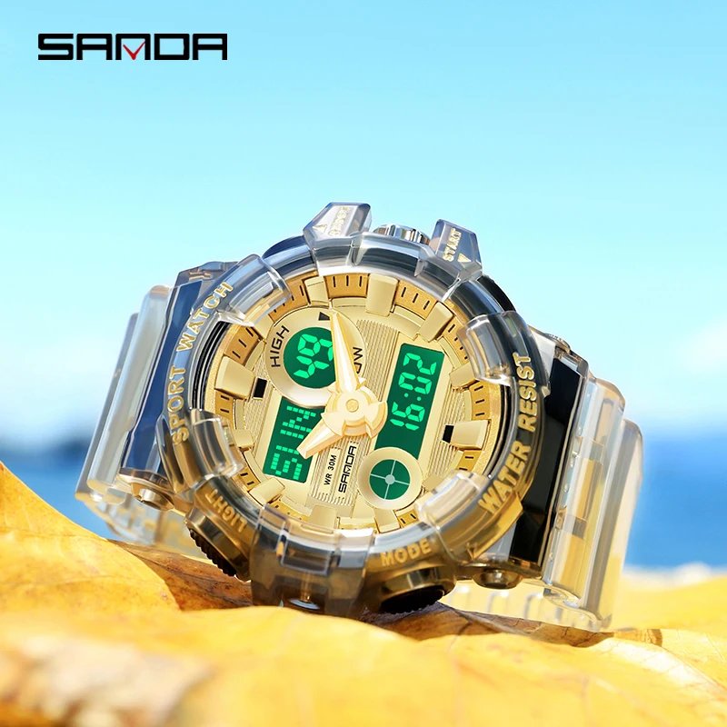 SANDA Fashion Transparent Sport Mens Watch Casual Military Quartz Wristwatch Waterproof Student Clock relogio masculino 3100