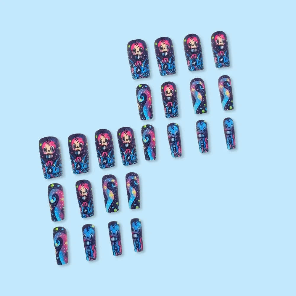 24 stuks Halloween Ghost lange vierkante kunstnagels draagbare Franse ballerina nepnagels druk op volledige dekking manicure nageltips