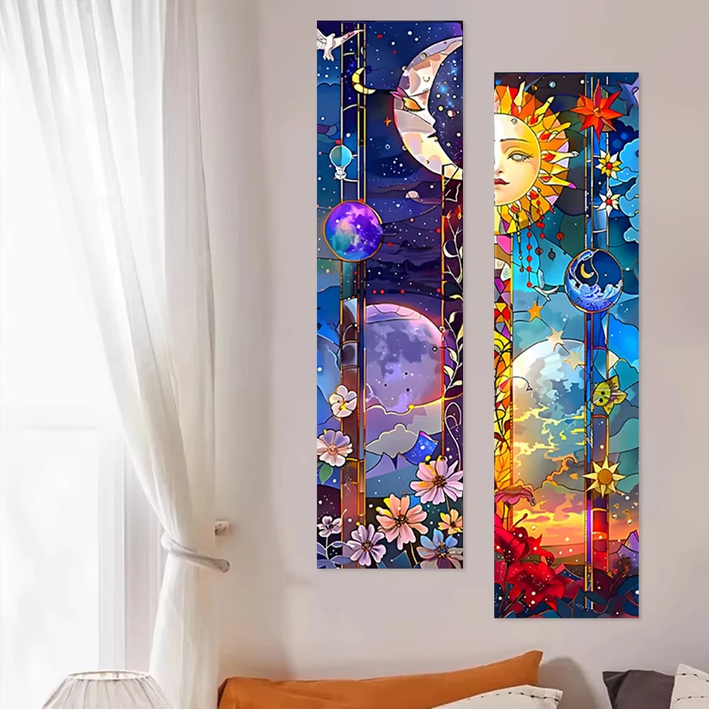 1 Stück Vertikaler Sonne-Mond-Stern Buntglas-Stil Wandteppich Blumen-Sternenhimmel-Druck Wandbehang Ohne Zubehör
