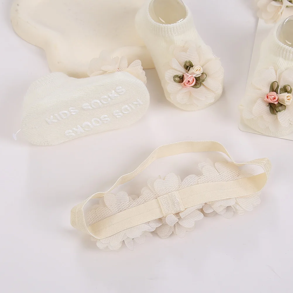 3Pcs/Set Ins Cream Chiffon Flower Headbands with Cotton Socks for Baby Girls Boutique Flower Anti-Slip Short Cotton 0-12M Sock