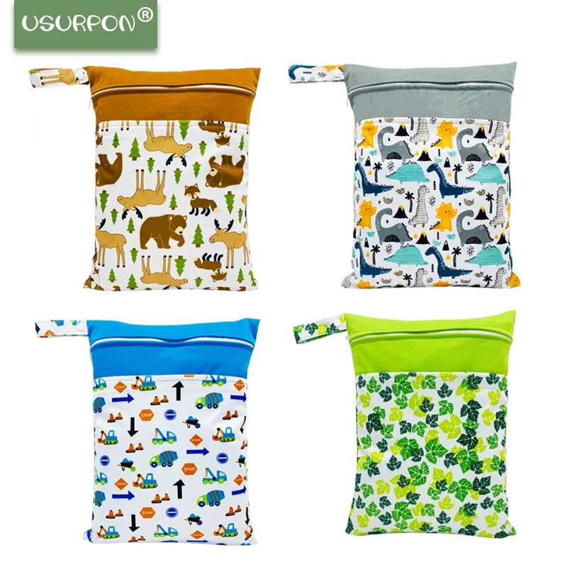 [Usurpon]1PC Print Double Pocket Wet Bag 30*40cm Nappy Bag Waterproof Diaper Storage Double Zipper Handle Bag