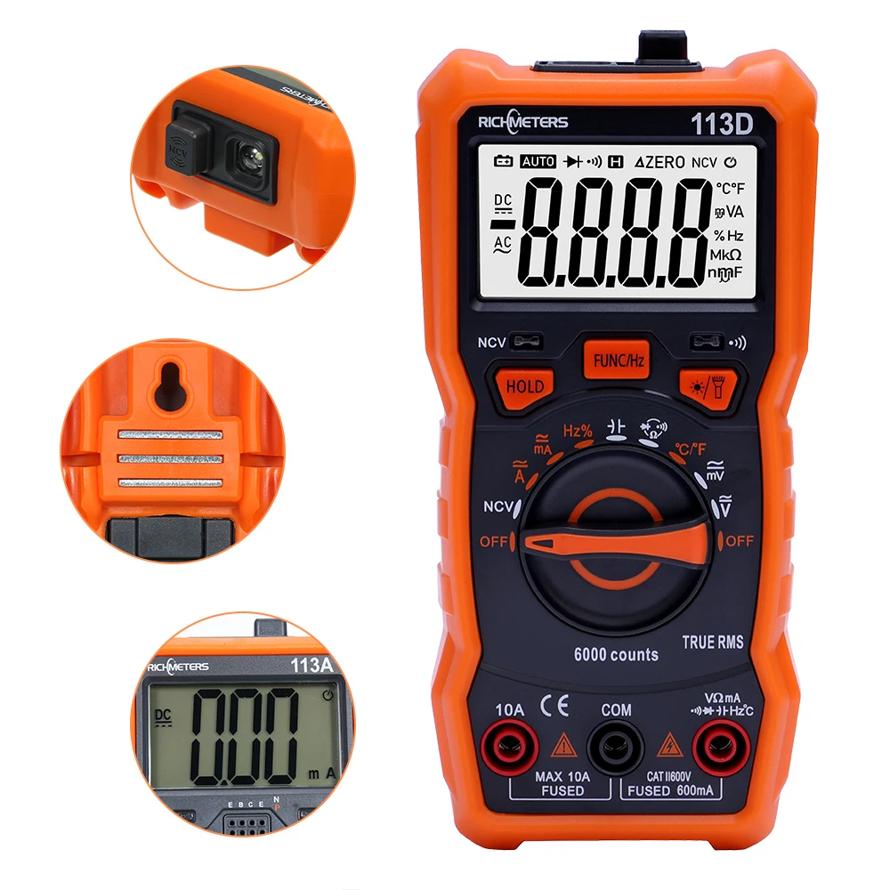 RICHMETERS RM113D NCV Digital Multimeter 6000 Counts Auto Ranging AC/DC Voltage Meter Flash Back Light Large Screen 113A/D