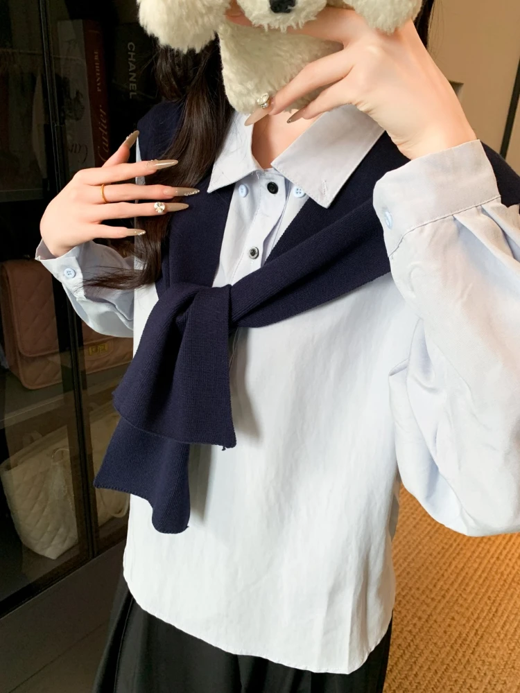 French Vintage Chic Casual Two Piece Set Tops Women Slim Fit Polo Collar Button Shirts + Shawl Elegant Autumn Fashion Outfits