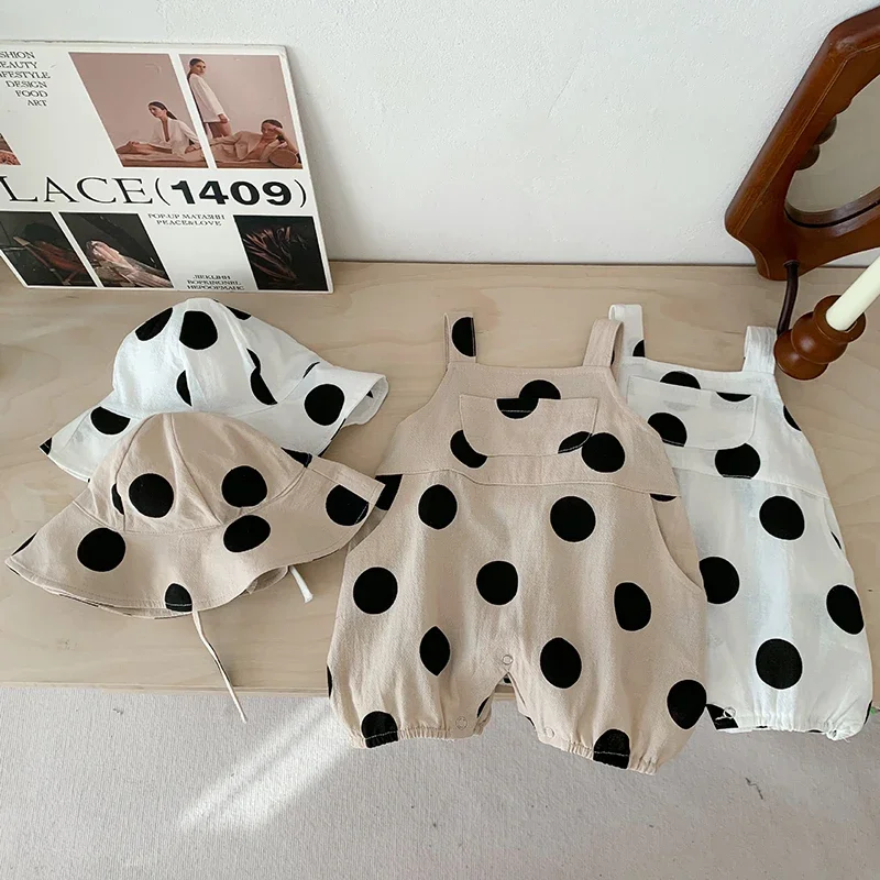 MILANCEL New Summer Baby Rompers 3-24M Cute Dots Toddler Girls Suspenders Jumpsuit with Hat Korean Loose Infant Outfit