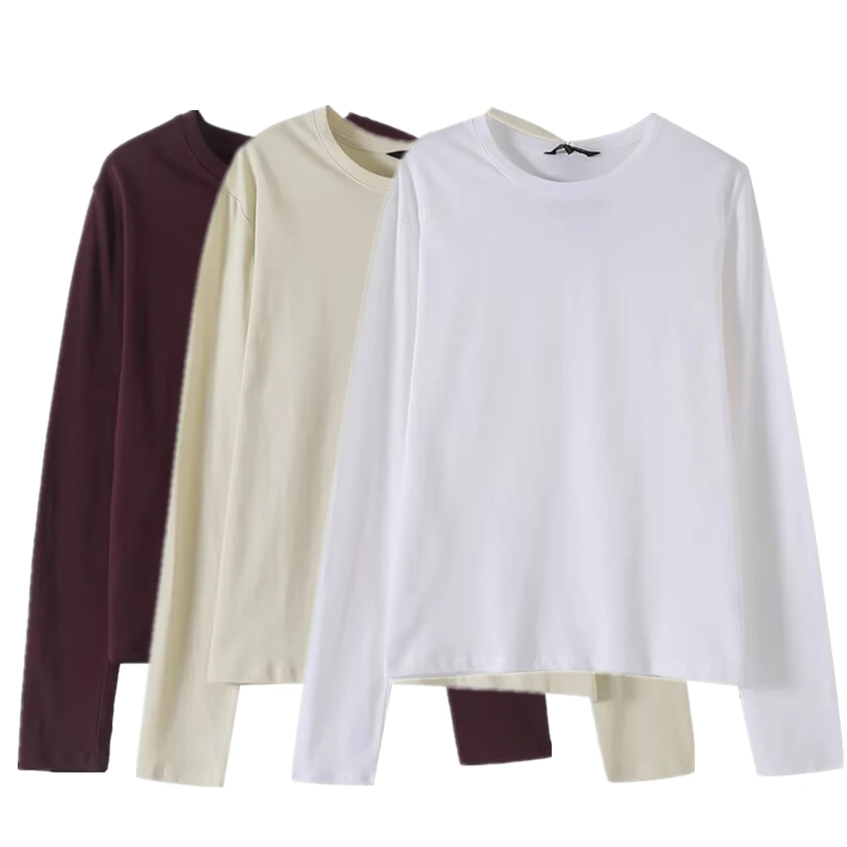 

Maxdutti Summer Japanese Minimalist Solid Color Cotton Long Sleeved T-shirt Round Neck Basic T-shirt Women Pullover Tops