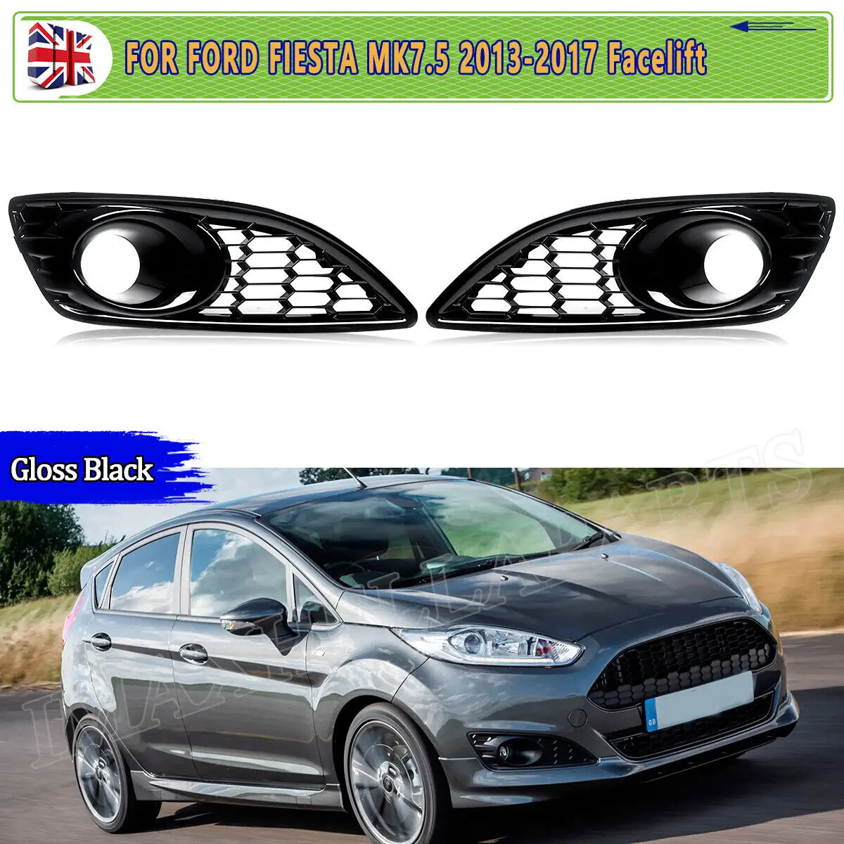 

Решетки передних противотуманных фар для Ford Fiesta Mk7.5 2013 2014 2015 2016 2017, глянцевая черная сетка для противотуманных фар, пара