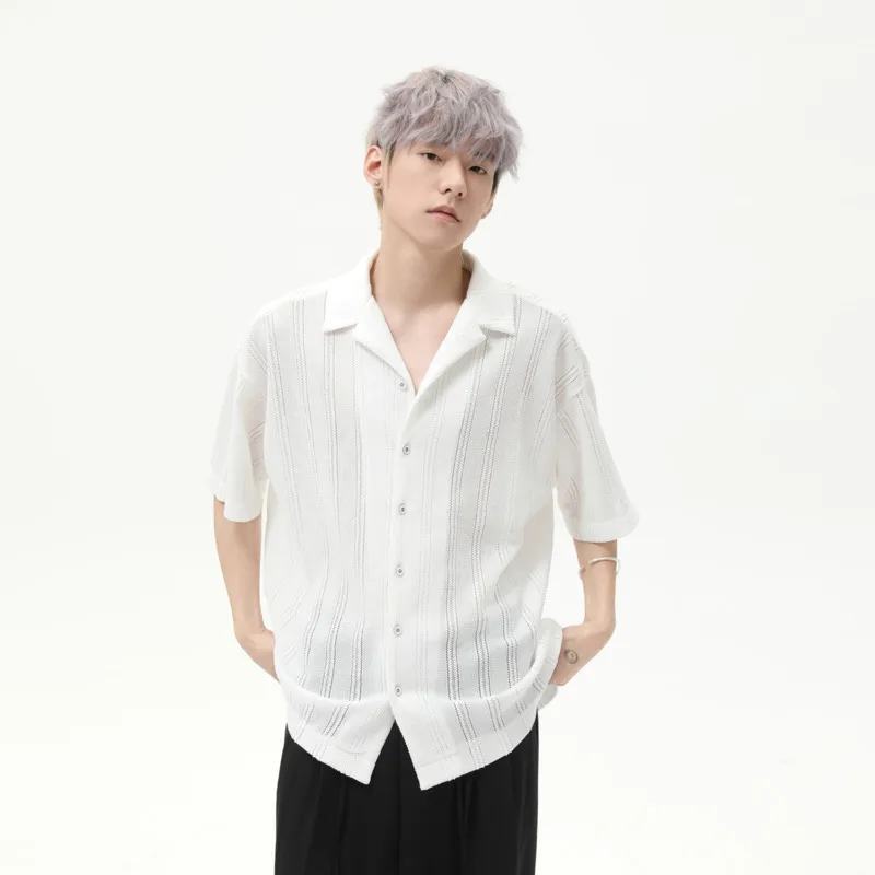 

SYUHGFA Korean Style Men's Hollow Out Knit Shirt Solid Color Short Sleeved Lapel Tops Loose Single Breasted Summer New Menswear