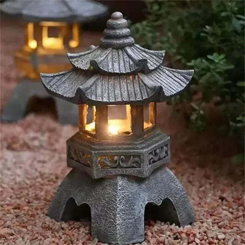 2026 new model chinese double-layer hexagonal palace lantern outdoor solar powered zen garden led light waterproof decor