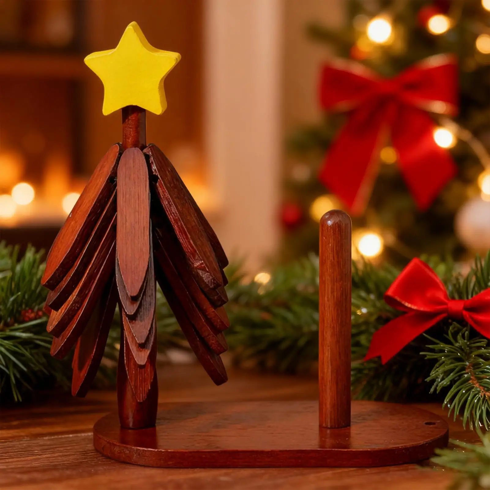 

Natural Tree Trivet Set Star Design Wood Tripod Placemat with Stand and Tissue Foldable Tree Shape Trivet Set for Dishes Plates