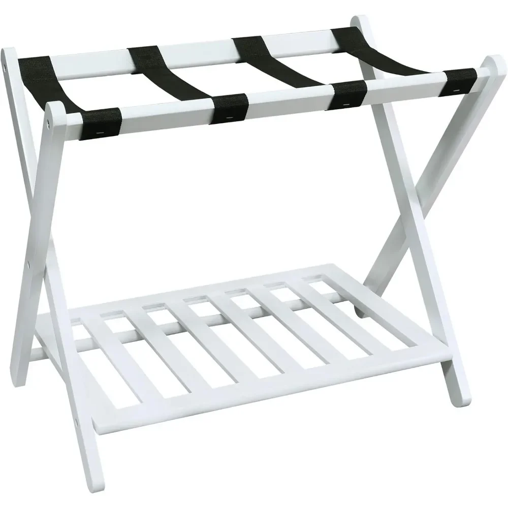 

Shelf-White Luggage Rack, 26.75" Wide, Solid Wood Construction and Reinforced Heavy-duty Straps Provide Increased Support