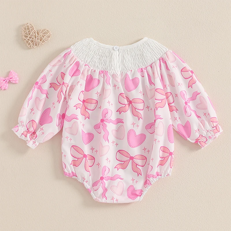 0-18M Baby Girl Spring Romper Classic Long Sleeve Bow Print Smocked Bodysuit Newborn Valentine’s Day Playsuit