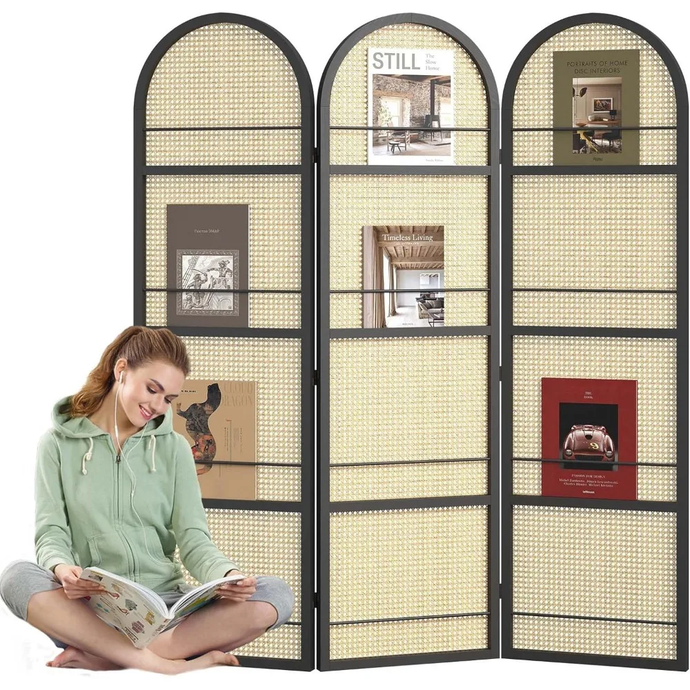 

3-Panel Hand-Woven Rattan Room Divider, Tall Foldable Privacy Screen with Wooden Frame - Freestanding Portable(Black-Rattan)