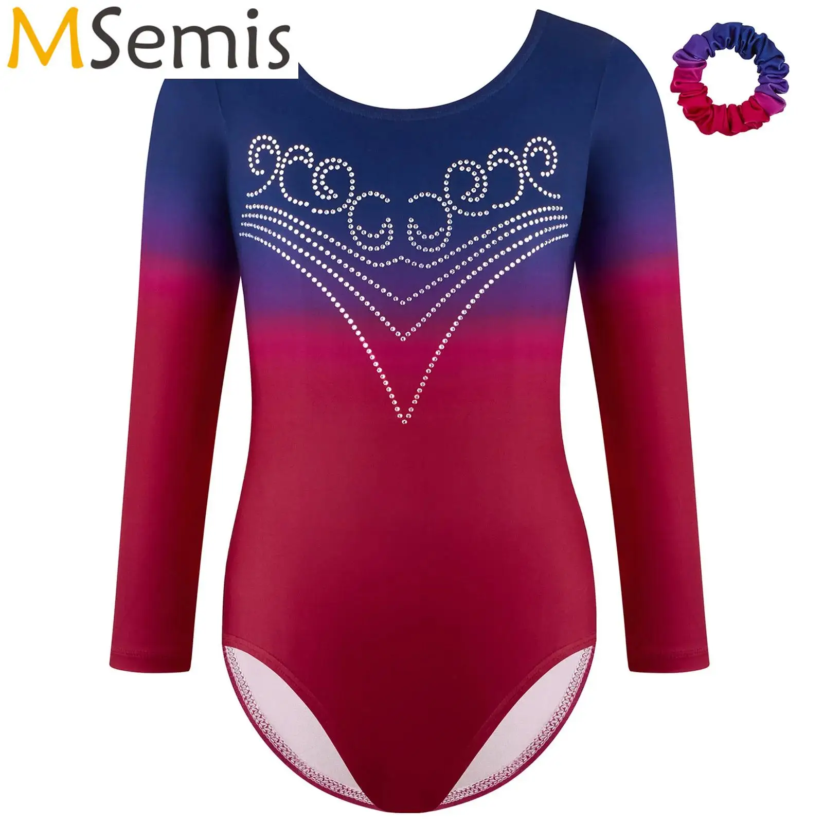 

Kids Girls Rhythmic Gymnastics Leotard Bodysuit with Hair Band Long Sleeve Gradient Jumpsuit Artistic Figure Skating Costume
