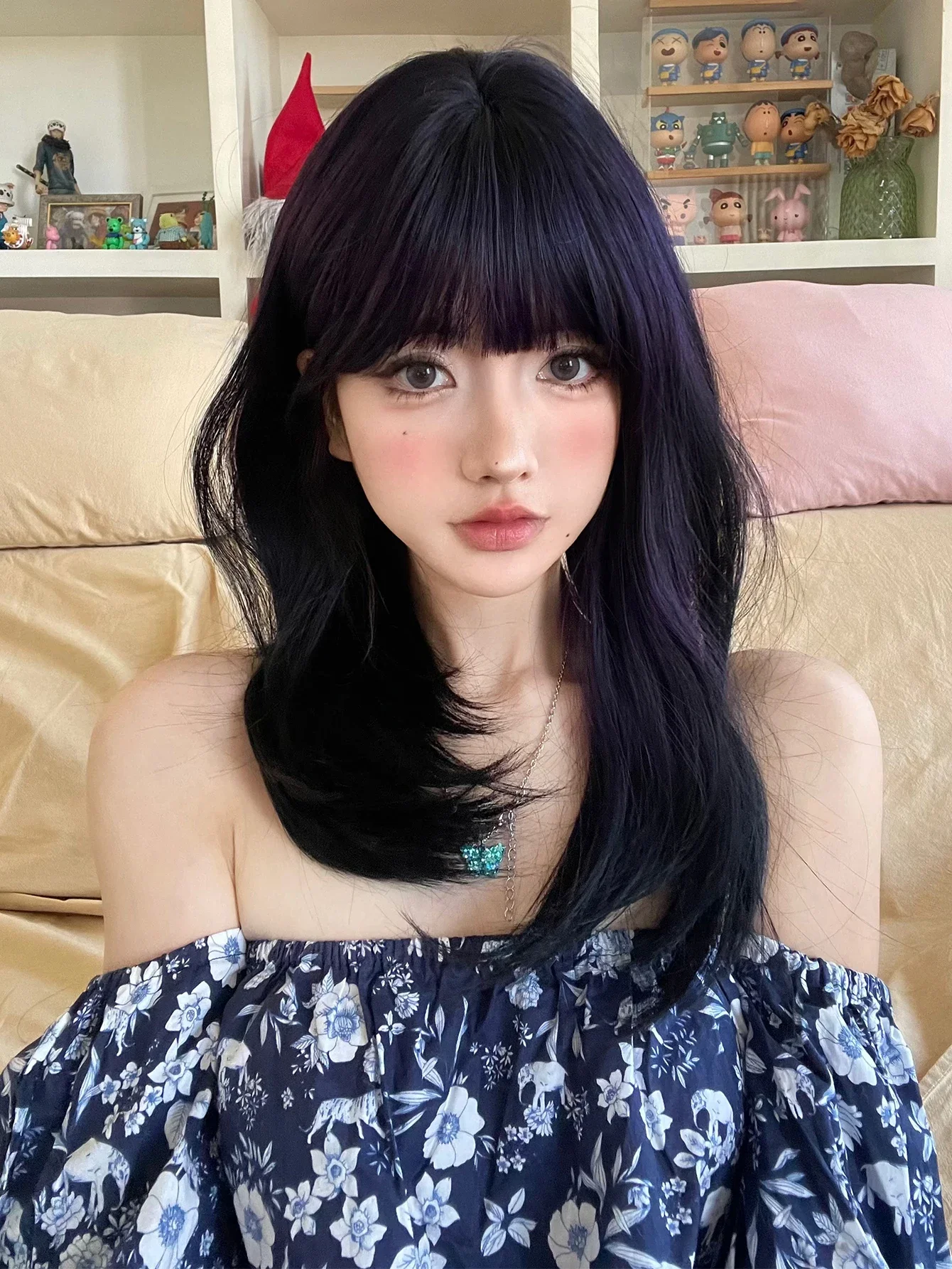 20Inch Dark Purple Sexy Synthetic Wigs with Bang Neatly Trimmed Medium Natural Straight Hair Wig For Women Daily Heat Resistant