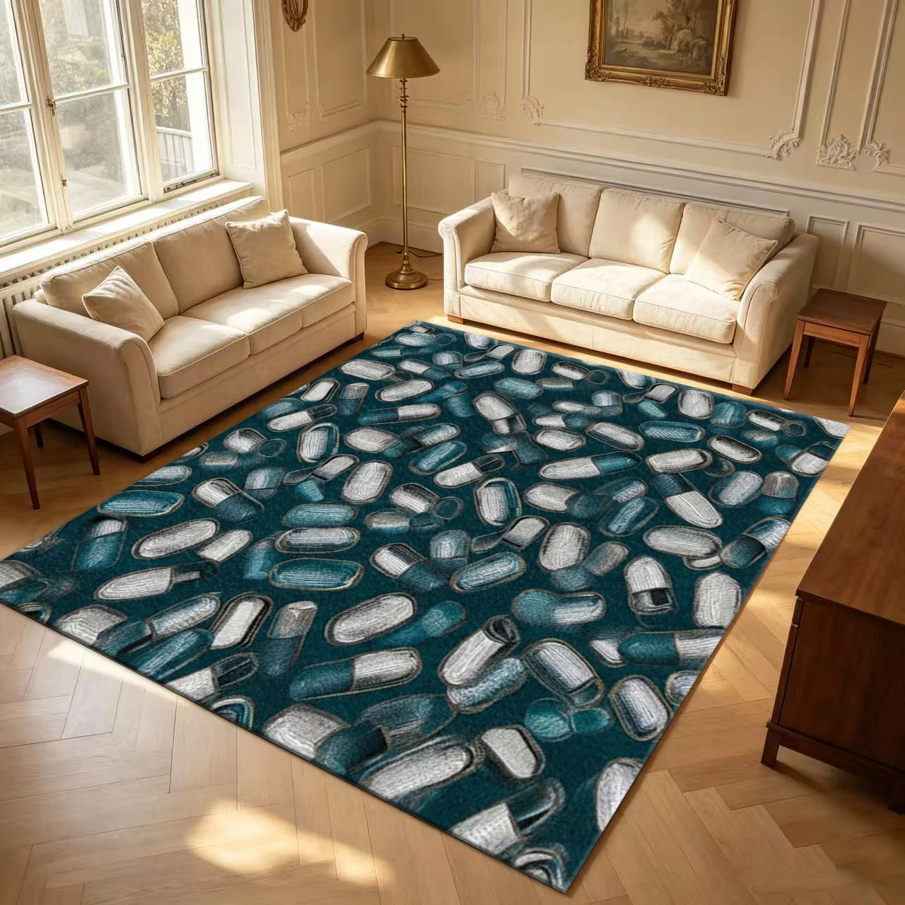 Creative Capsule Pill Art Pattern Carpet Floor Mat Special Design Non-Slip Floor Mat Suitable for Living Room Bedroom Home Decoration