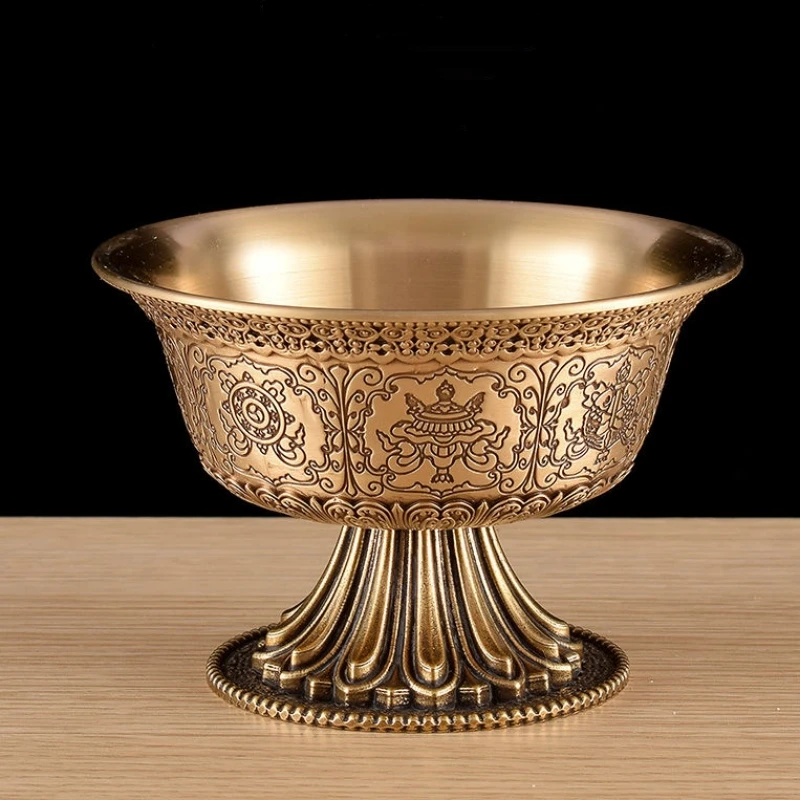 Bronze Tibetan High Bowl,Copper, Tantric Holy Water Cup, Eight Auspicious Buddhist Large Size Bowl, Tribute Desktop Decorative