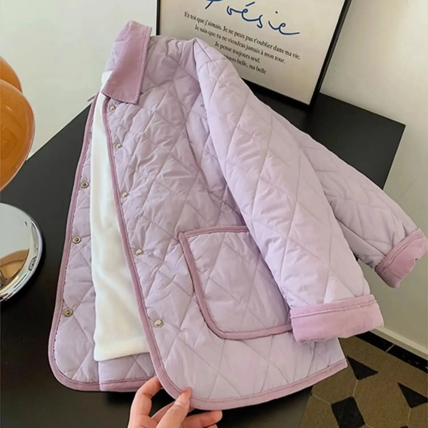 Chic Purple Lapel Collar Women Quilted Jacket Autumn Winter Velvet Warm Single-breasted Short Coat Female Outerwear