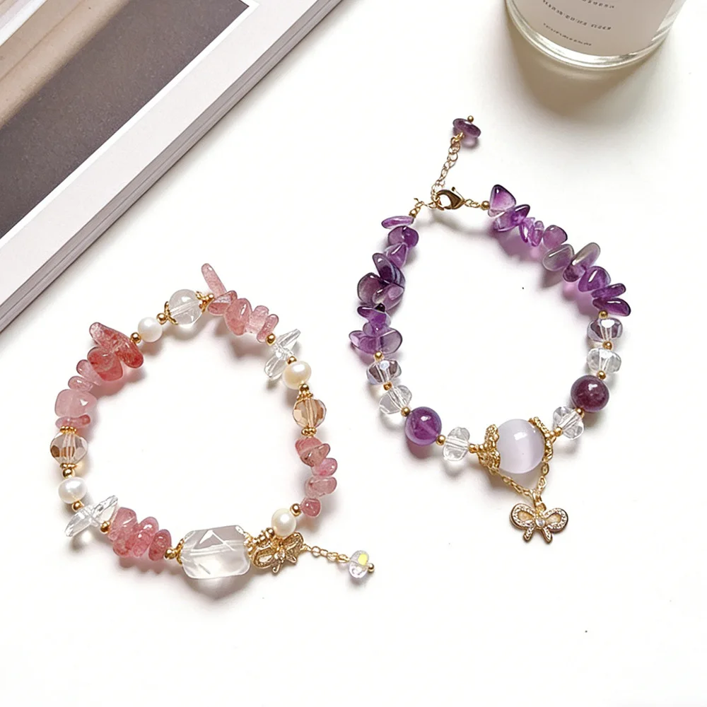 

Natural Strawberry Quartz & Amethyst Chip Beads Bracelet with Butterfly Charm Clear Crystal & Cat Eye Beaded Bangle for Women