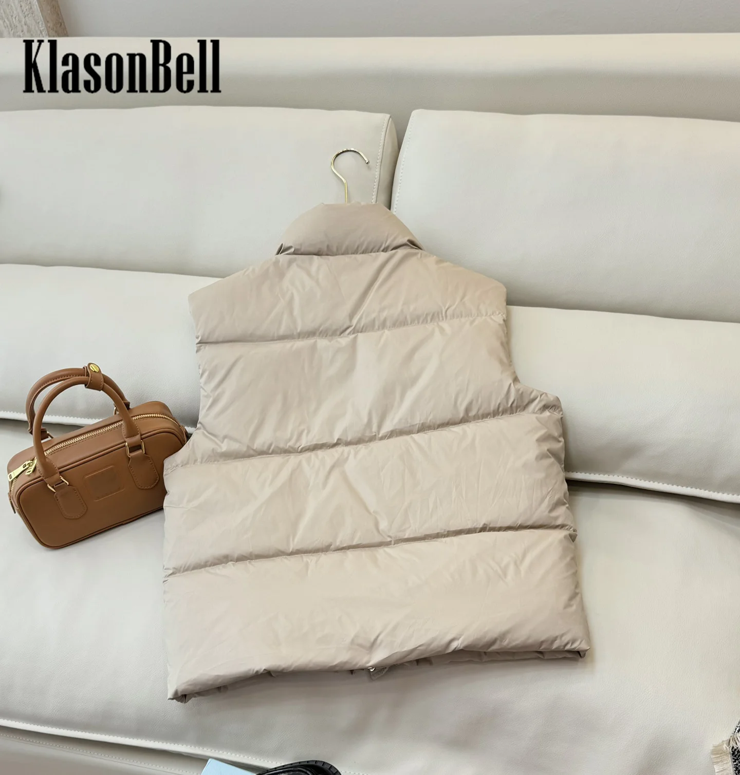 8.28 KlasonBell-Women Letter Embroidery Stand Collar White Duck Down Vest Zipper Sleeveless Versatile Casual Vest Outerwear