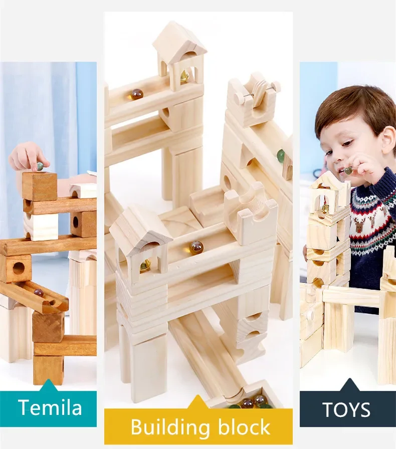 [Funny] 80pcs/set Wooden Marble track building blocks Toys Assembling ball blocks kid's early education toys baby birthday gift