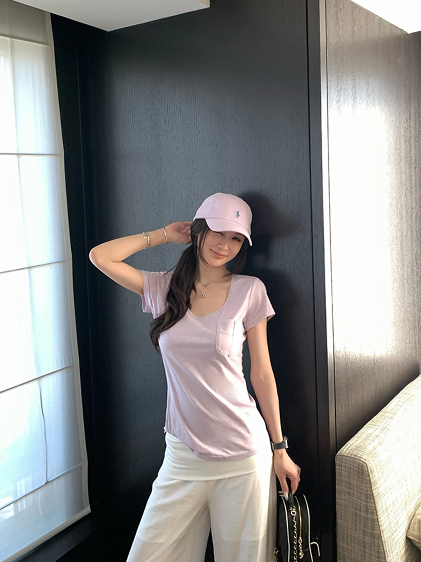 

Приятная для кожи дышащая льняная футболка с U-образным вырезом, свободный женский топ, удобный повседневный летний модный