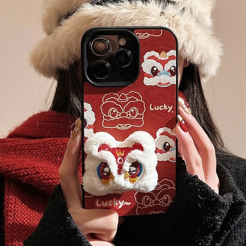 Lion dance Plush doll luck Phone case For iPhone 16 15 14 13 12 Pro Max Case Cute Chinese style Luxury Cartoon shockproof Cover