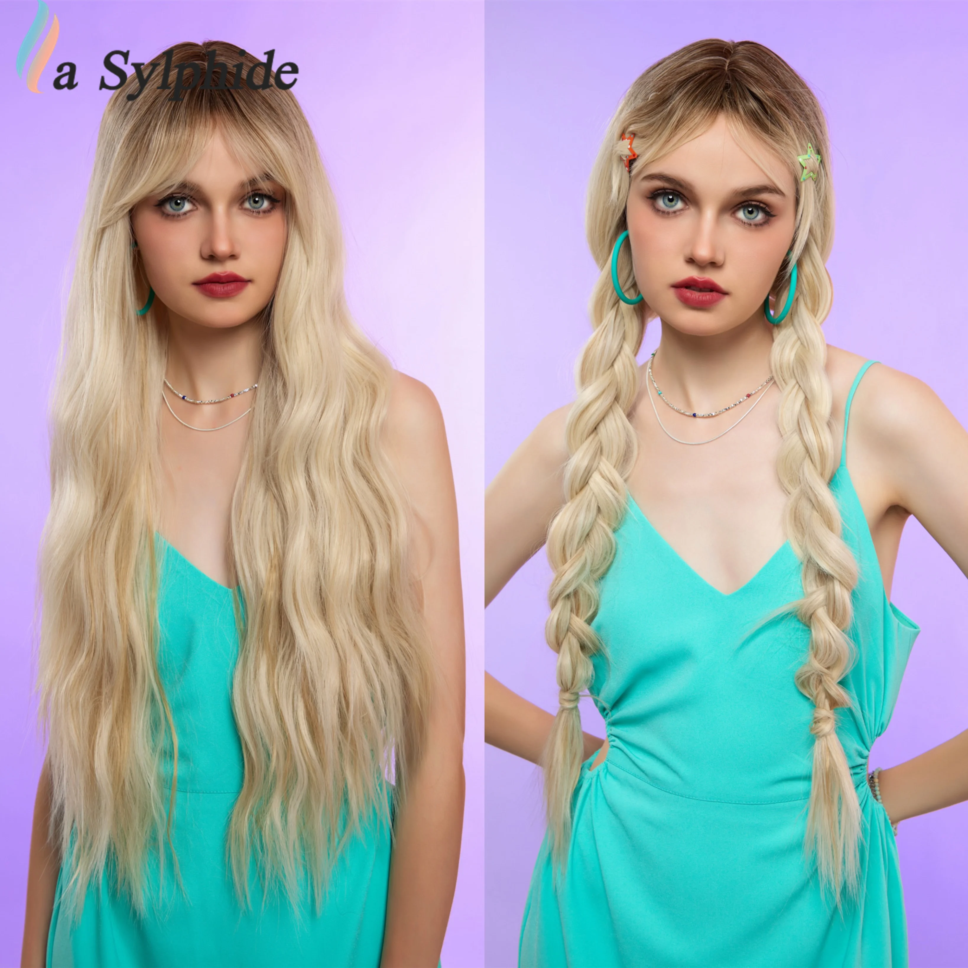 

La Sylphide Long Blonde Wave Wigs with Bangs Synthetic Wigs for Women Natural Party Cosplay Hair Heat Resistant Wig