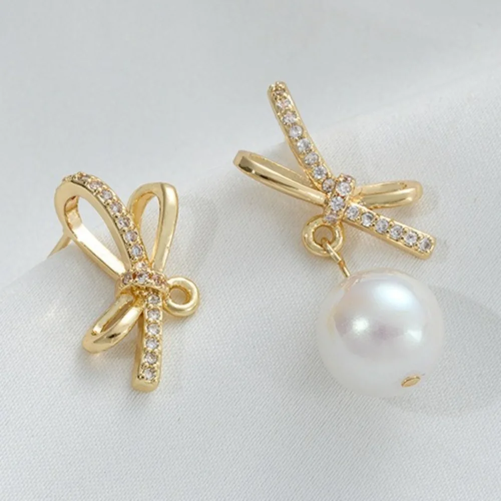 

Медный 14-каратный золотой цвет, инкрустированный цирконием бант с подвесным кольцом, серьги-гвоздики, аксессуары для сережек ручной работы, материал ручной работы