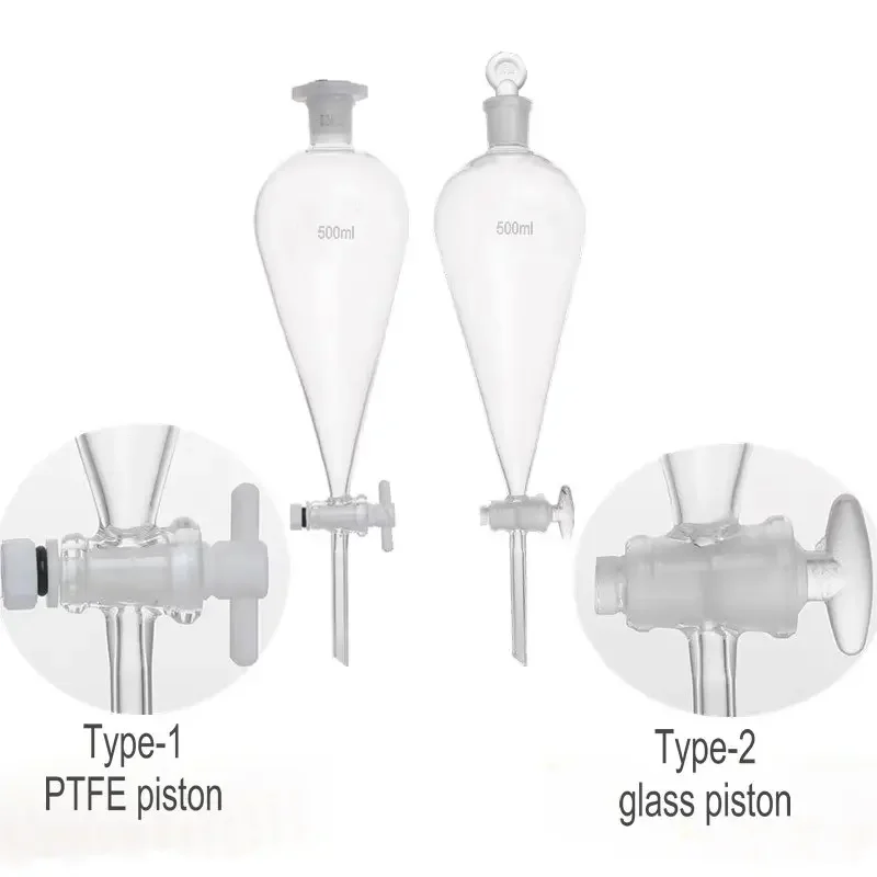 1pcs 60ml To 1000ml Glass Pear-Shaped Separating Funnel with PTFE/ GLASS Piston for Laboratory Oil Separation