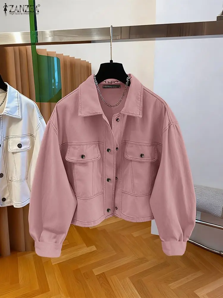 

ZANZEA 2022, осенние женские короткие куртки с контрастной вышивкой, отложным воротником, длинными рукавами, на пуговицах, однотонная верхняя одежда, уличная одежда