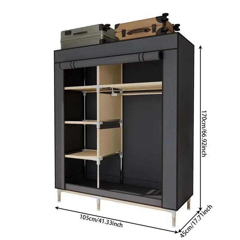 Armoire de chambre à coucher renforcée améliorée, assemblage facile avec 6 étagères et 1 cadre en acier à tige suspendue, placards portables