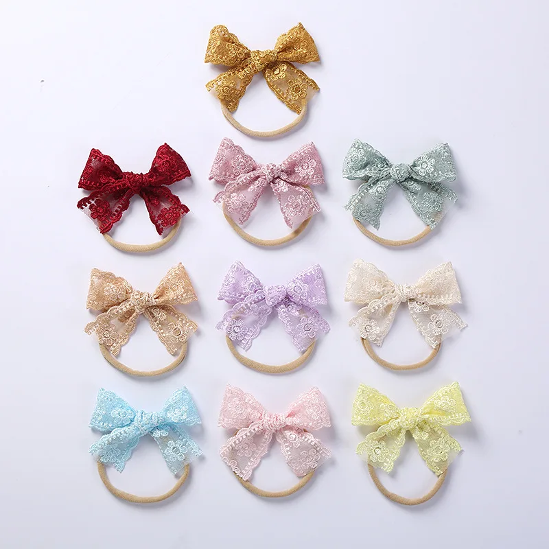 Baby Bow Headband Soft Girls Nylon Headbands Cute Elastic Children Hairbands Embroided Lace Flower Toddler Hair Accessories