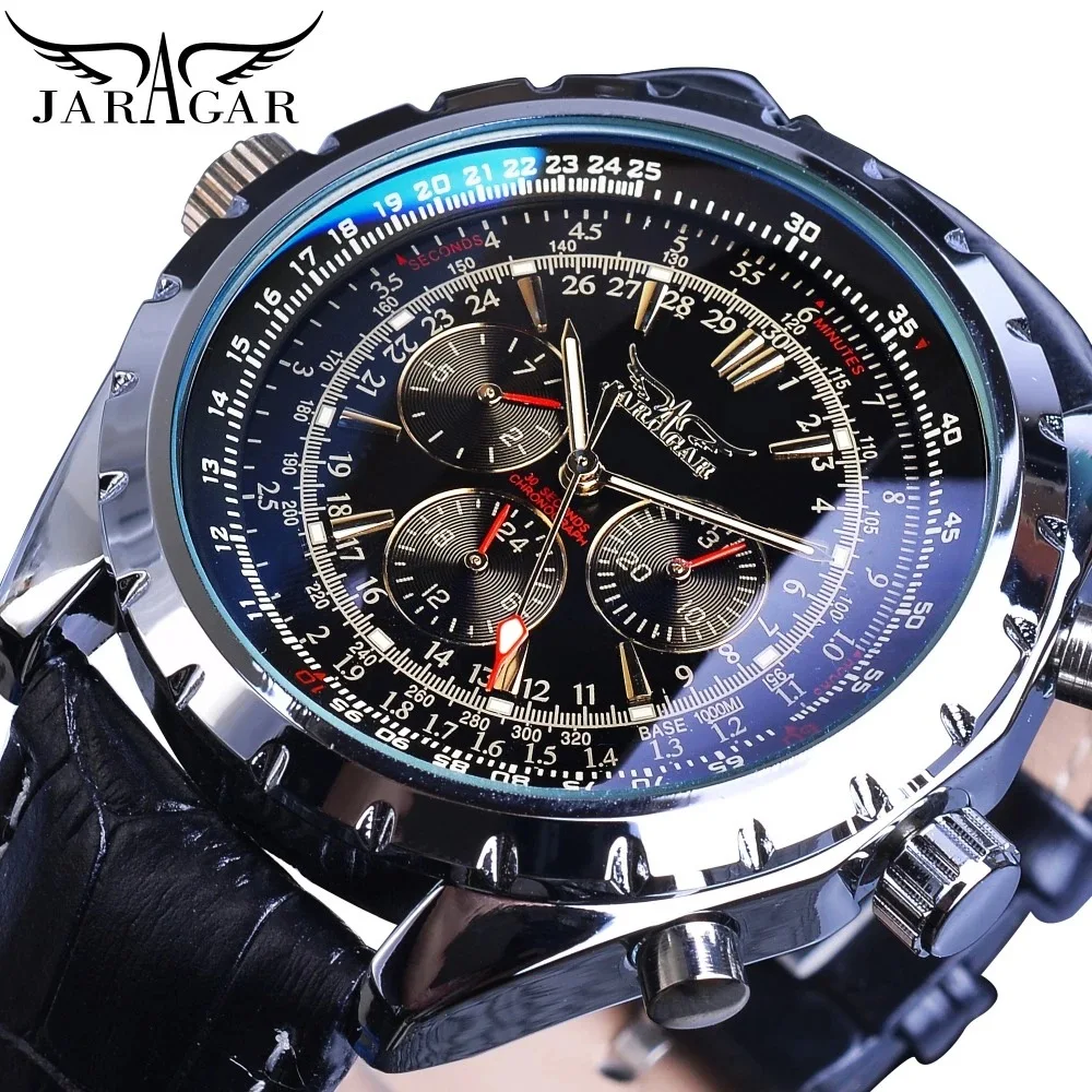 

Fashion Jaragar Top Brand Multi Functional Men's Automatic Mechanical Business Leisure Genuine Leather Week Calendar Watch