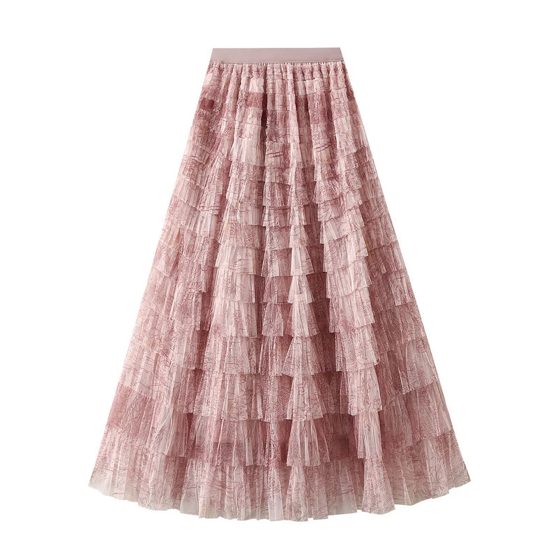 Fashion Tie Dye Mesh Cake Skirts Women 2026 Chic High Waisted A Line Long Skirt Woman Patchwork Ruffles Tulle Skirt Ladies